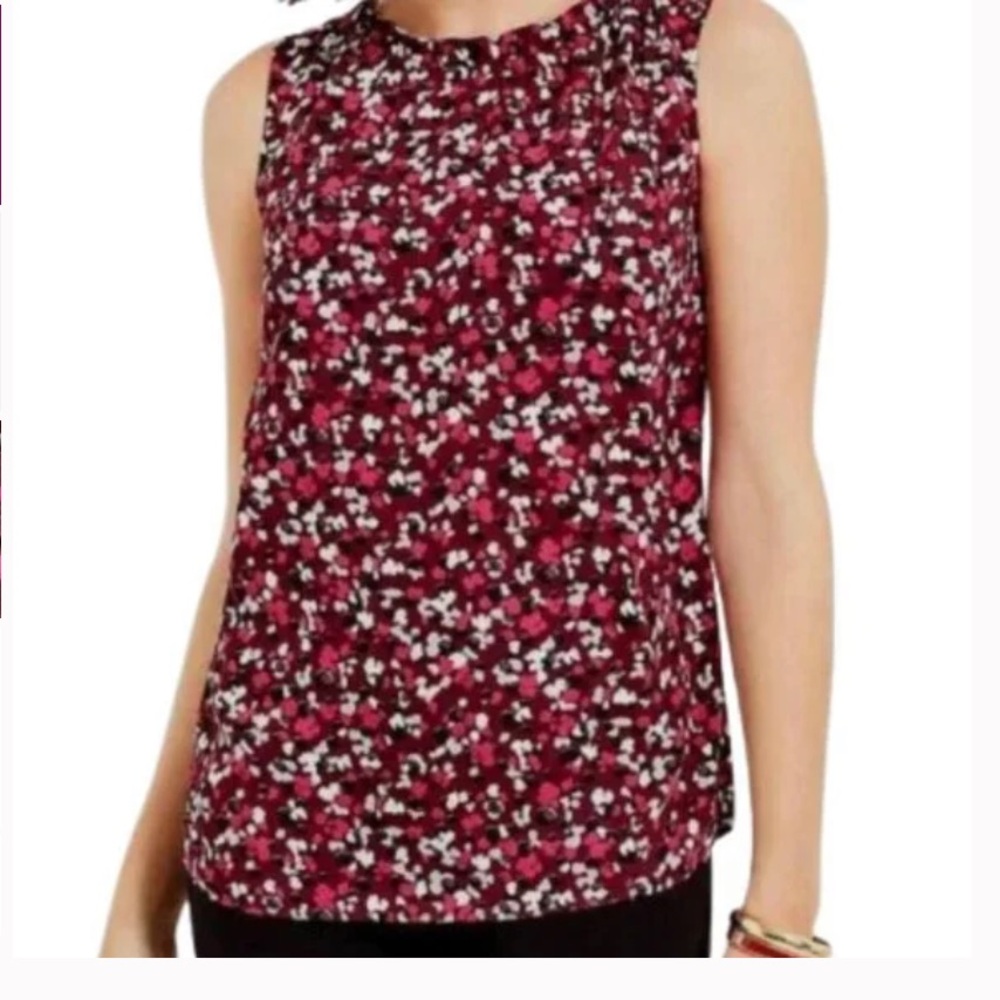 Talbots Sleeveless Top Confetti Print on Burgundy Tie Ruffle Neckline Size M - Picture 4 of 15